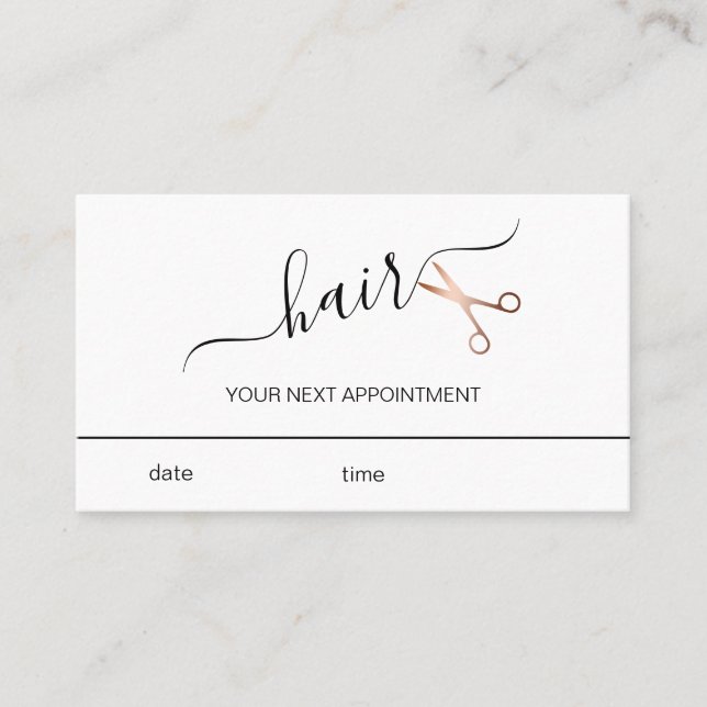 Elegant modern rose gold scissors hairstylist appointment card (Front)