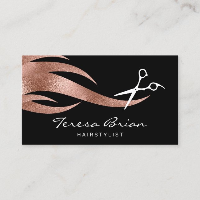 Elegant modern rose gold scissors hairstylist business card (Front)