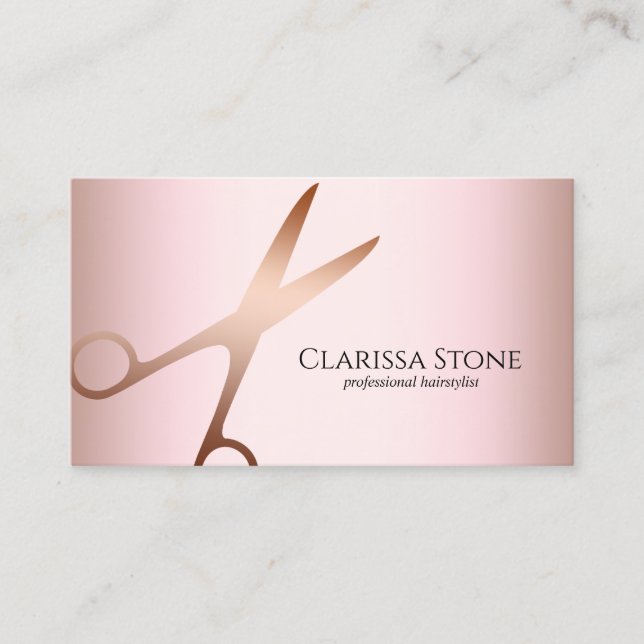 Elegant modern rose gold scissors hairstylist business card (Front)