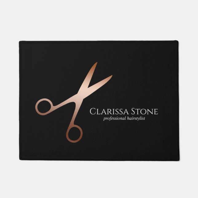 Elegant modern rose gold scissors hairstylist doormat (Front)