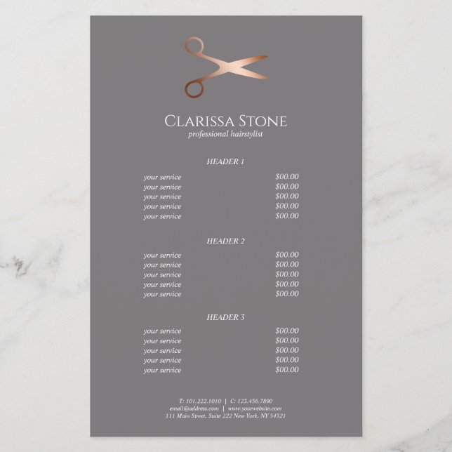 Elegant modern rose gold scissors hairstylist flyer (Front)