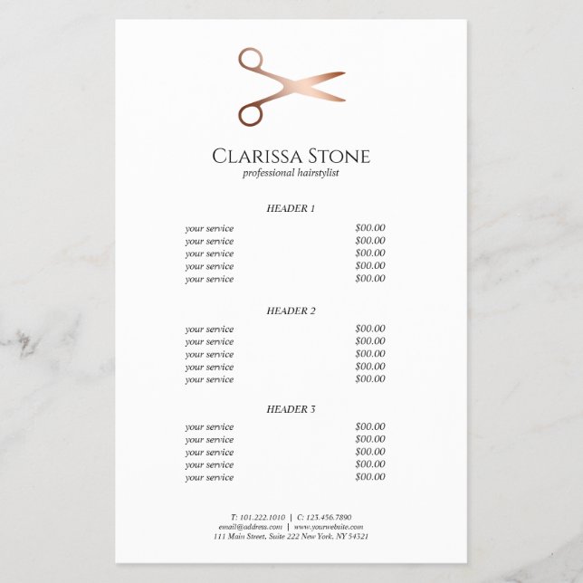Elegant modern rose gold scissors hairstylist flyer (Front)