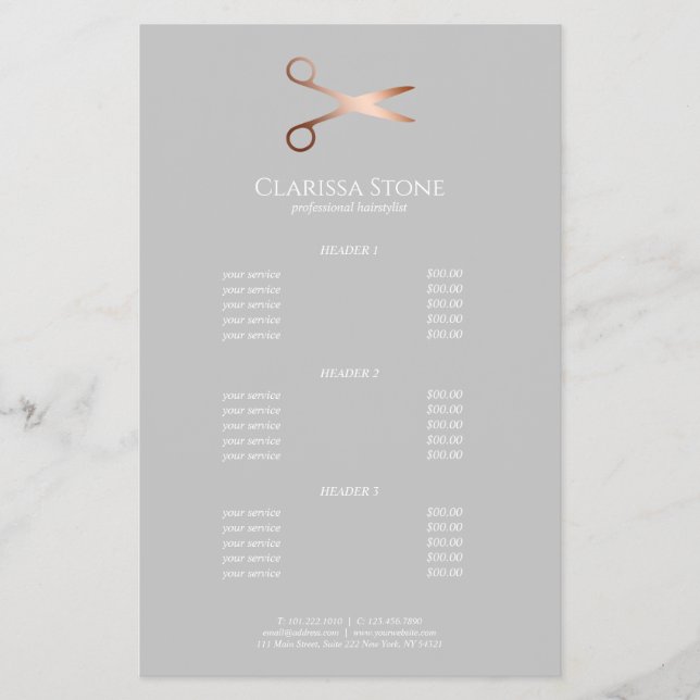 Elegant modern rose gold scissors hairstylist flyer (Front)