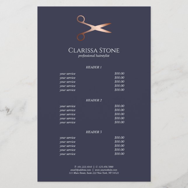 Elegant modern rose gold scissors hairstylist flyer (Front)