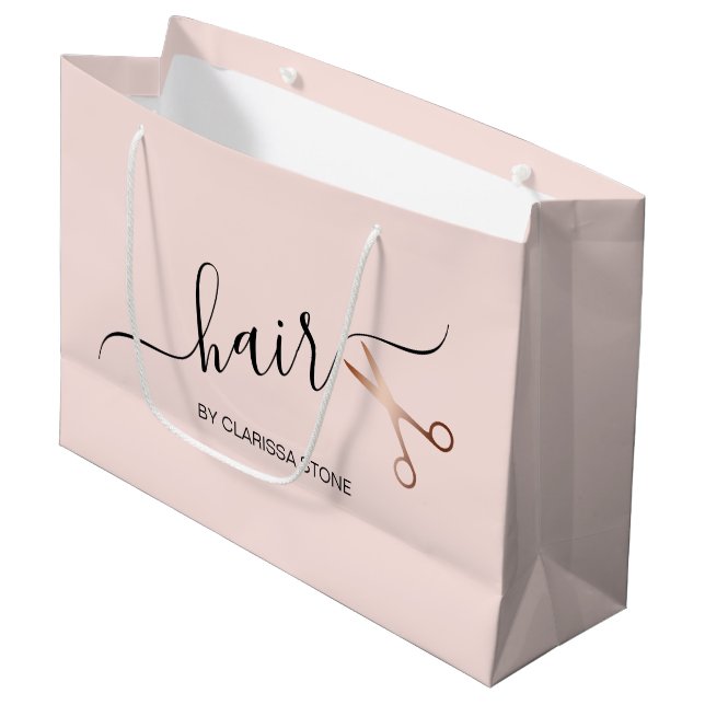 Elegant modern rose gold scissors hairstylist large gift bag (Front Angled)