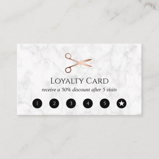 Elegant modern rose gold scissors hairstylist loyalty card (Front)