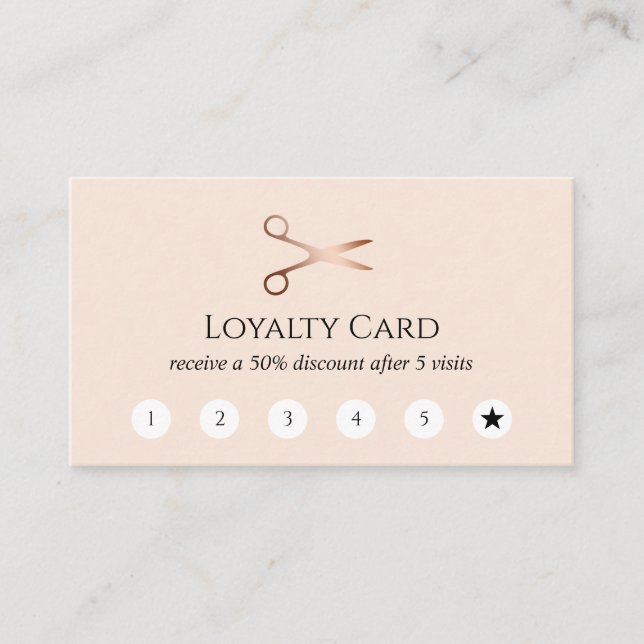 Elegant modern rose gold scissors hairstylist loyalty card (Front)