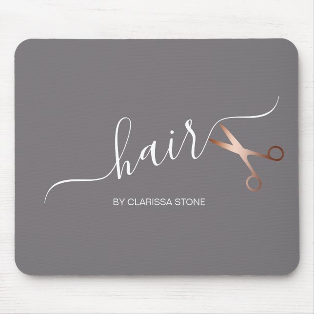 Elegant modern rose gold scissors hairstylist mouse pad (Front)