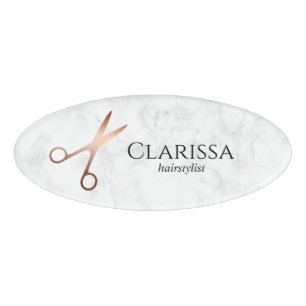 Elegant modern rose gold scissors hairstylist name tag