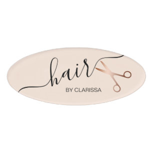 Elegant modern rose gold scissors hairstylist name tag