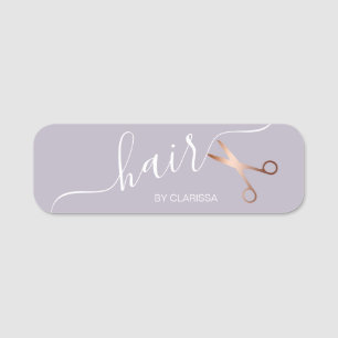 Elegant modern rose gold scissors hairstylist name tag