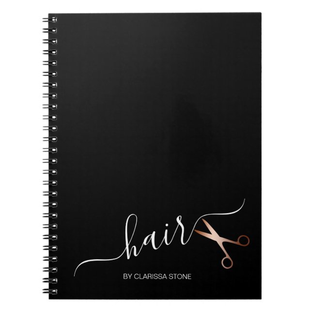 Elegant modern rose gold scissors hairstylist notebook (Front)