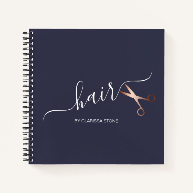 Elegant modern rose gold scissors hairstylist notebook (Front)