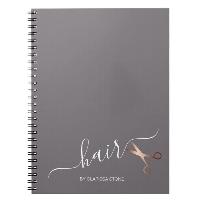 Elegant modern rose gold scissors hairstylist notebook (Front)
