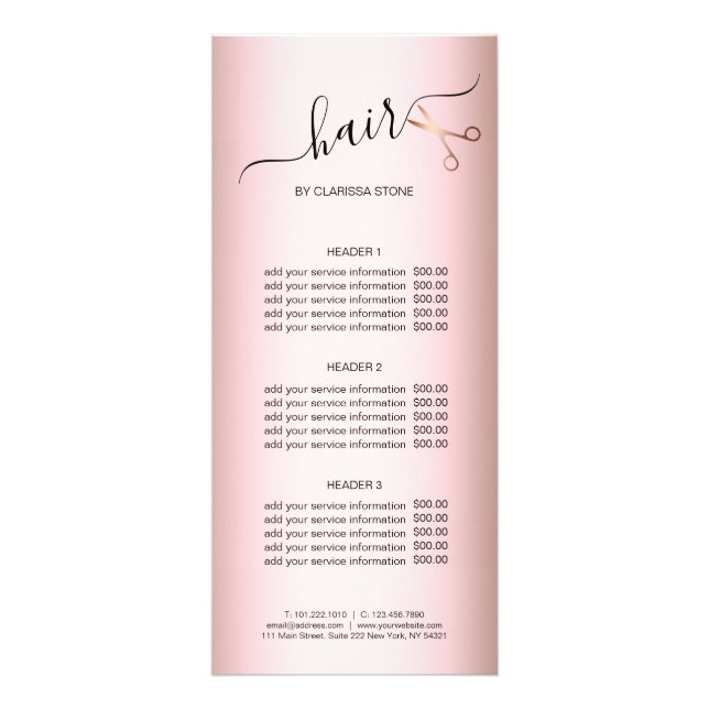 Elegant modern rose gold scissors hairstylist rack card (Front)