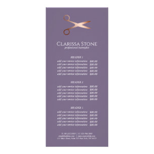 Elegant modern rose gold scissors hairstylist rack card