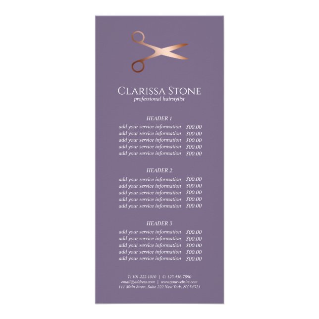 Elegant modern rose gold scissors hairstylist rack card (Front)