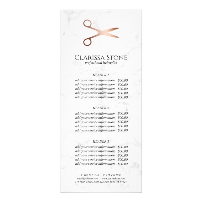 Elegant modern rose gold scissors hairstylist rack card (Front)