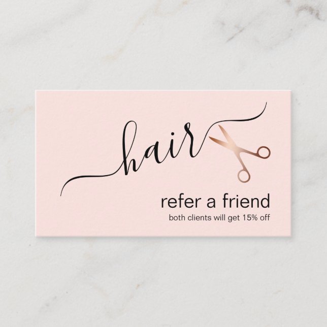 Elegant modern rose gold scissors hairstylist referral card (Front)