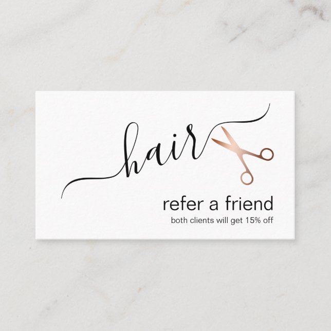 Elegant modern rose gold scissors hairstylist referral card (Front)