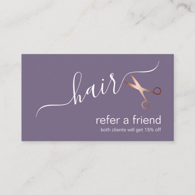 Elegant modern rose gold scissors hairstylist referral card (Front)