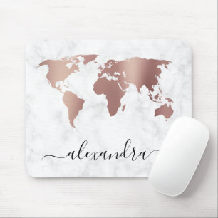 Elegant modern rose gold white marble world map mouse pad