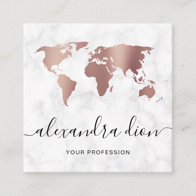 Elegant modern rose gold white marble world map square business card (Front)