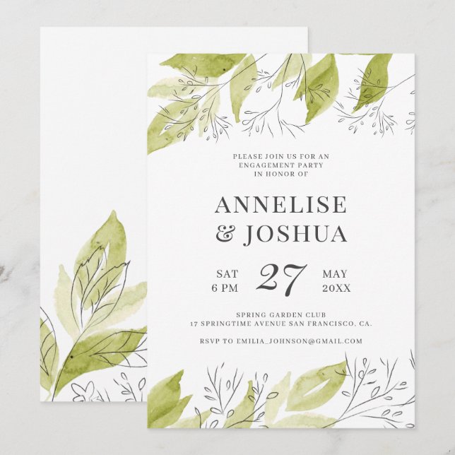 Elegant modern rustic green and white engagement invitation (Front/Back)