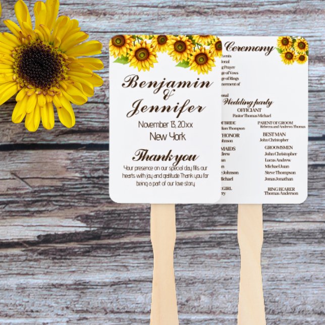 Elegant Modern Rustic Sunflower Wedding program  Hand Fan (Creator Uploaded)