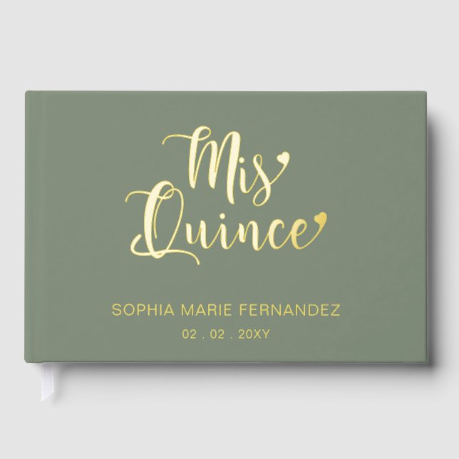 Elegant Modern Sage Gold Photo Quinceañera Guest Book (Front)