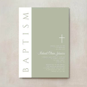 Elegant Modern Sage Green Cross Baptism Invitation