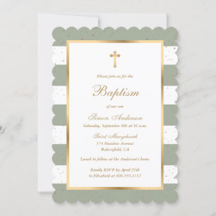 Elegant Modern Sage Green Gold Baptism Invitation