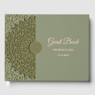 Elegant Modern Sage green & gold classic mandala G Guest Book