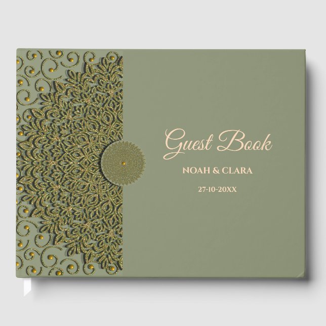 Elegant Modern Sage green & gold classic mandala G Guest Book (Front)