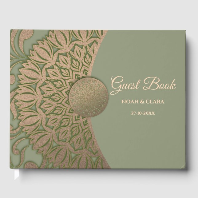 Elegant Modern Sage green & gold classic mandala Guest Book (Front)