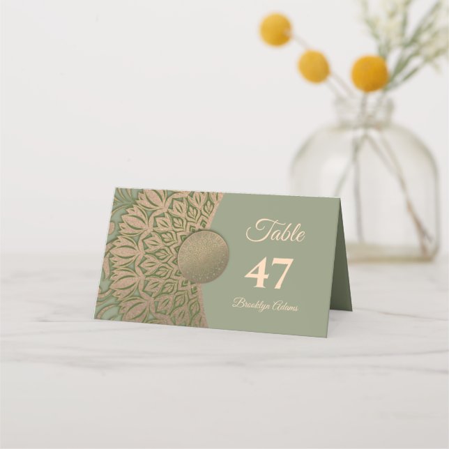 Elegant Modern Sage green & gold classic mandala Place Card (Front)