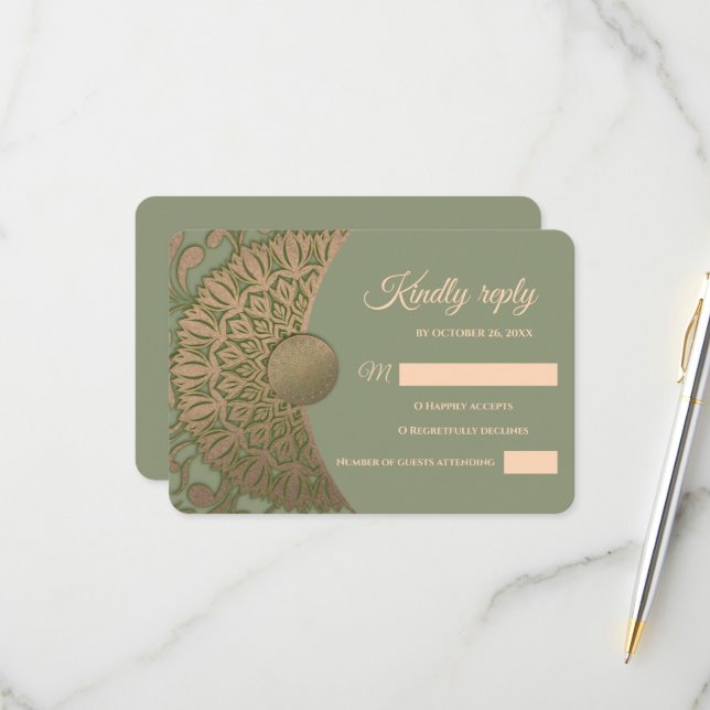 Elegant Modern Sage green & gold classic mandala RSVP Card (Front/Back In Situ)