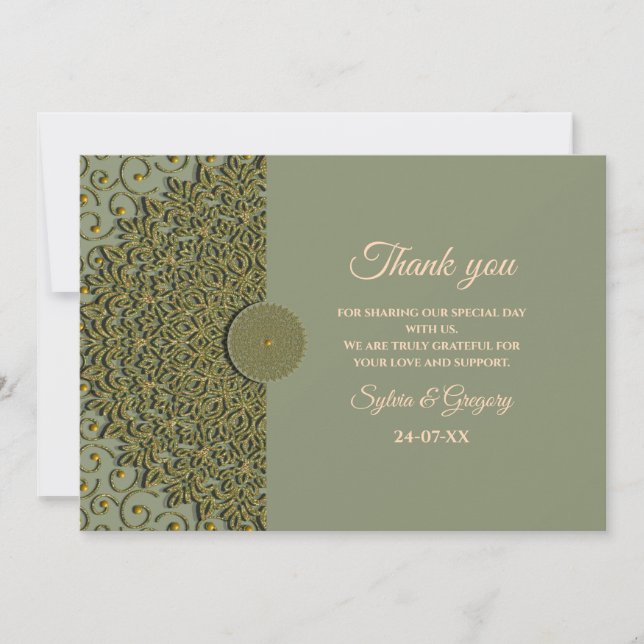 Elegant Modern Sage green & gold classic mandala T Thank You Card (Front)