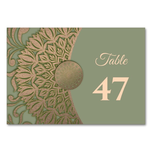 Elegant Modern Sage green & gold classic mandala Table Number (Front)