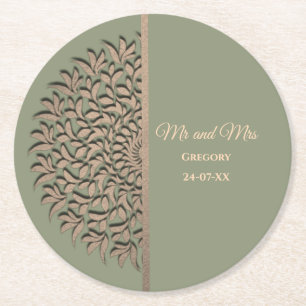 Elegant Modern Sage green & gold classic Square Pa Round Paper Coaster