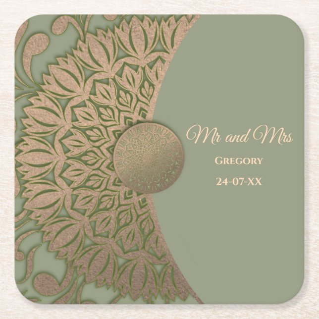 Elegant Modern Sage green & gold classic Square Paper Coaster (Front)
