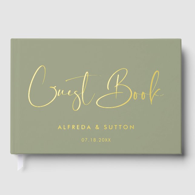 Elegant & modern Sage Green & Gold foil wedding Guest Book (Front)