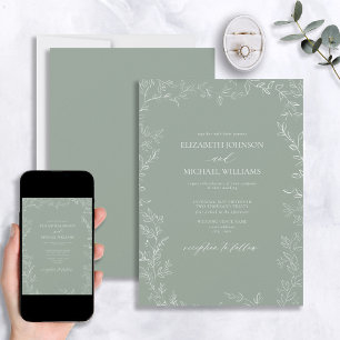 Elegant Modern Sage Green Minimal Leaf Wedding Invitation