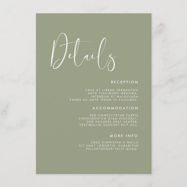 Elegant & modern sage green wedding details enclosure card (Front)