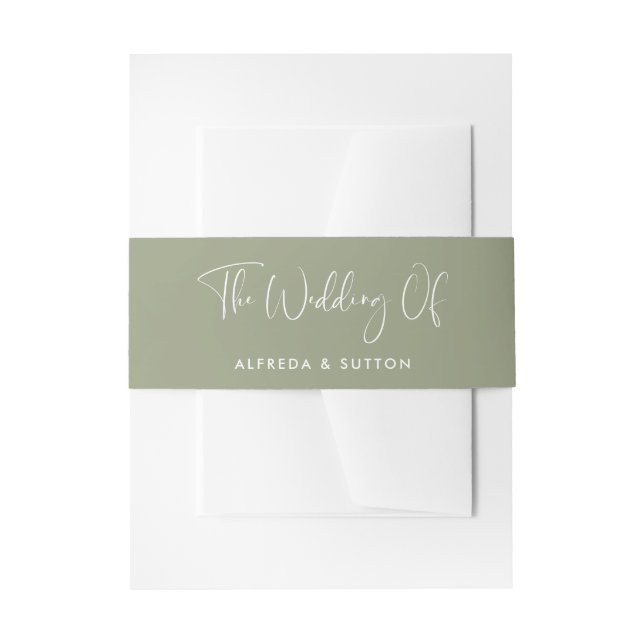 Elegant & modern sage green wedding invitation belly band (Front Example)