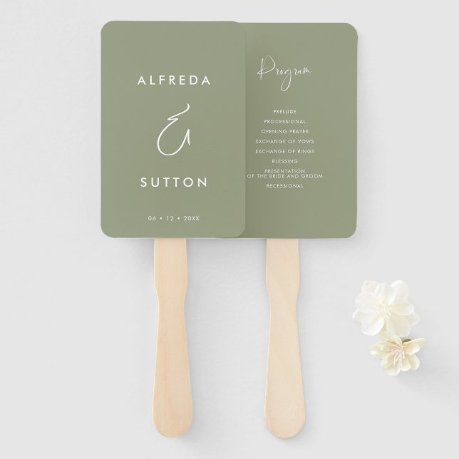 Elegant & Modern Sage Green Wedding program Hand Fan (Front and Back)