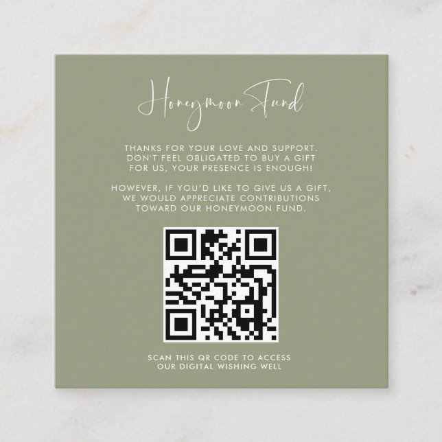 Elegant & modern Sage Honeymoon fund QR code Enclosure Card (Front)