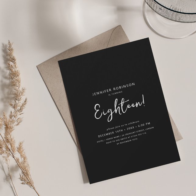 Elegant Modern Script 18th Birthday Black  Invitation (Elegant Modern Script 18th Birthday Black Invitation)