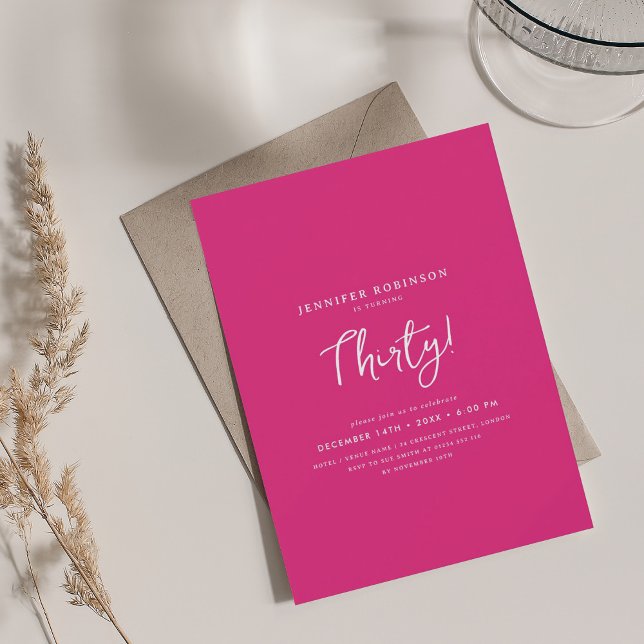 Elegant Modern Script 30th Birthday Party Hot Pink Invitation (Elegant Modern Script 30th Birthday Party Hot Pink Invitation)