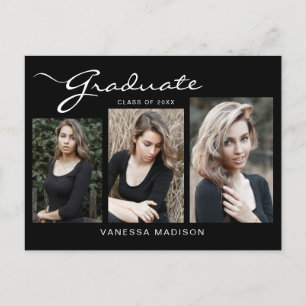 Elegant Modern Script   3 Photo Grad Announcement Postcard